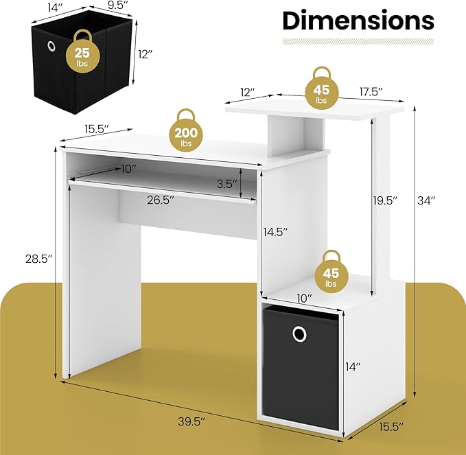 Tangkula Computer Desk with Fabric Drawer &amp Keyboard Tray Space-Saving Study Writing Desk with Open Storage Shelves &amp Printer Stand Modern Home Office Computer Workstation for Small Spaces (