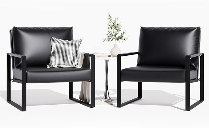Accent Chair Set of 2 Leather Modern Comfortable Waiting Room Chairs Easy to Clean Couch Chair for Living Room Bedroom Office (Black)