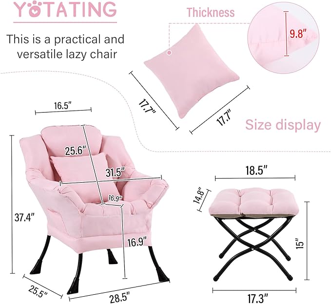 Lazy Chair with Ottoman Comfy Reading Lounge Chair with Footstool &amp Throw Pillow Modern with Armrests &amp Side Pocket for Living Room Bedroom Dorm Room Pink
