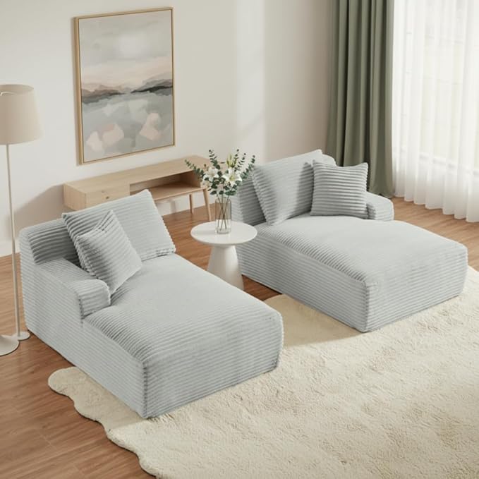 79 Double Chaise Lounge Chair Indoor: Oversized Comfy Corduroy Upholstered Boneless Couch with 4 Pillows for Living Room Bedroom and Apartment Deep Seat Sleeper Sofa 2-Seat Light Ash Gray