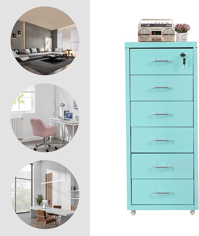 6 Drawers Mobile File Cabinet Rolling Vertical Filing Cabinet Under Desk Storage Organization 16 D x 11 W x 27 H (Blue)