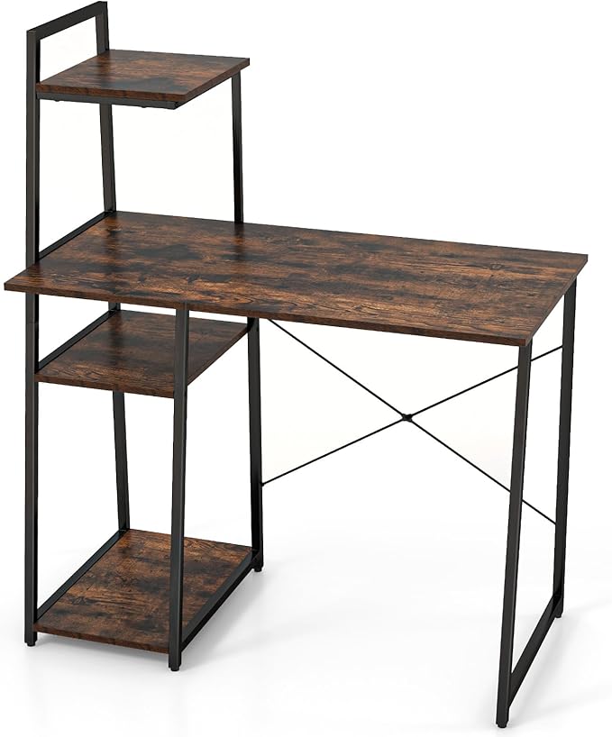Tangkula Computer Desk with Shelves Space Saving Home Office Desk with 3-Tier Ladder Shaped Storage Bookshelf Modern Writing Study Desk with Metal Frame Compact Computer Workstation (Rustic Brown)