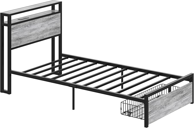 LIKIMIO Twin Bed Frames with Drawer Storage Headboard with Outlets No Box Spring Needed Easy Assembly Industrial Gray