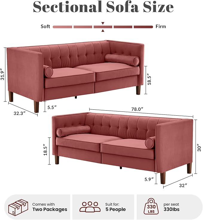 Kingfun Livingroom Furniture Sets Loveseat &amp 3 Seater Velvet Loveseat Couch Mid-Century Sofa Bolster Pillows Button Tufted Love Seats Toolless Assembly Pink