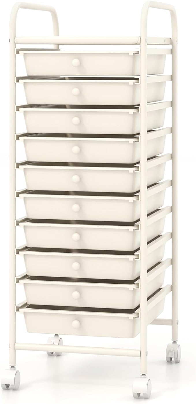 Giantex 10-Drawer Storage Cart w/Universal Wheel Rolling Cart w/Handle Home Organizer Storage Unit w/Removable Drawers Trolley Utility Cart for Kitchen Makeup Living Room Office Play Room Ivory