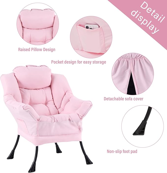 Welnow Pink Lazy Chair with Ottoman Modern Reading Accent Chair with Armrests and a Side Pocket Leisure Upholstered Lazy Sofa Set with Footrest for Small Space