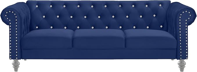 New Classic Furniture Glam Emma Velvet Three Seater Chesterfield Style Sofa for Small Spaces with Crystal Button Tufts Royal Blue