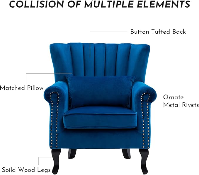 Accent Reading Arm Chairs Midcentury Modern Comfy Corner Sofa Chair Wingback Waiting Room Club Chair with Tufted Back for Living Room/Bedroom/Reception Room Velvet Blue