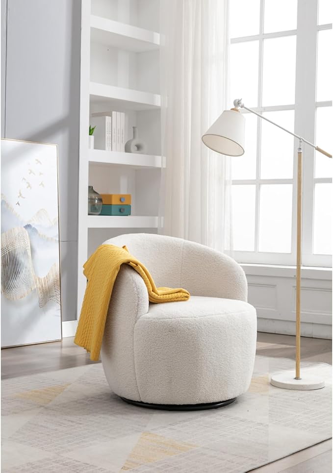 Teddy Fabric Swivel Accent Armchair Barrel Chair with Black Powder Coating Metal Ring Ivory White 360° Swivel Indoor Living Room Decor Durable Upholstered