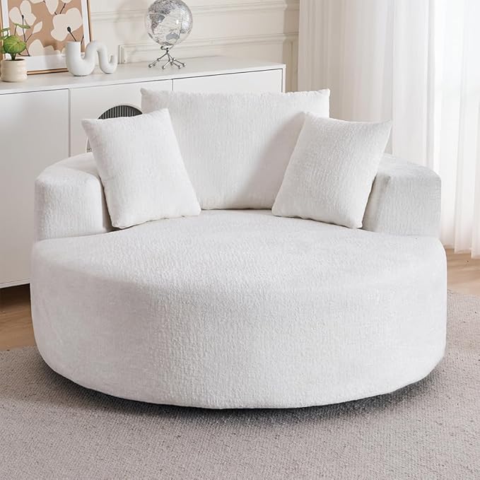 54.3″ Round Swivel Couch Plush Chenille Deep Seat Cozy Reading Chair XL Modern Oversized Swivel Accent Barrel Chair for Living Room Bedroom Lounging (Beige)
