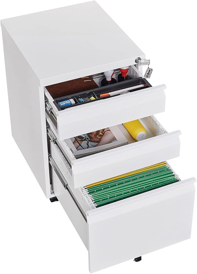 3-Drawer Mobile Filing Cabinet with Lock Office Storage Locking File Cabinets of Legal/Letter Size Metal Filing Cabinets to Be Installation RequiredWhite