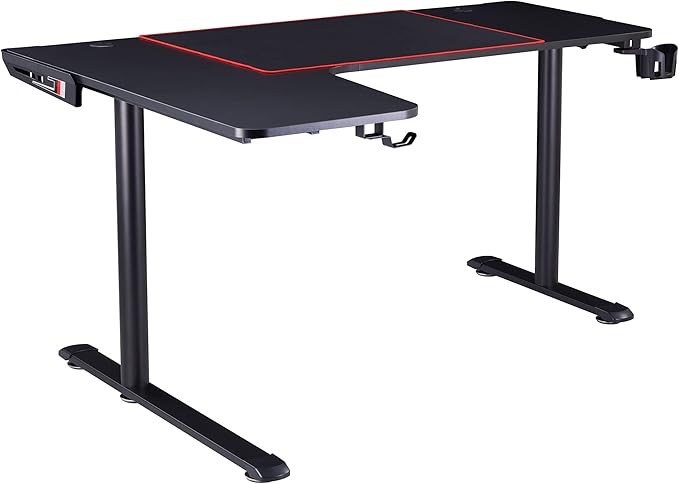 Homes: Inside + Out Kindira Modern Steel Gaming Desk with USB Ports PC Mouse Pad and Rotatable Cup-Holder for Home Office Classroom Study Room Black L-Shape