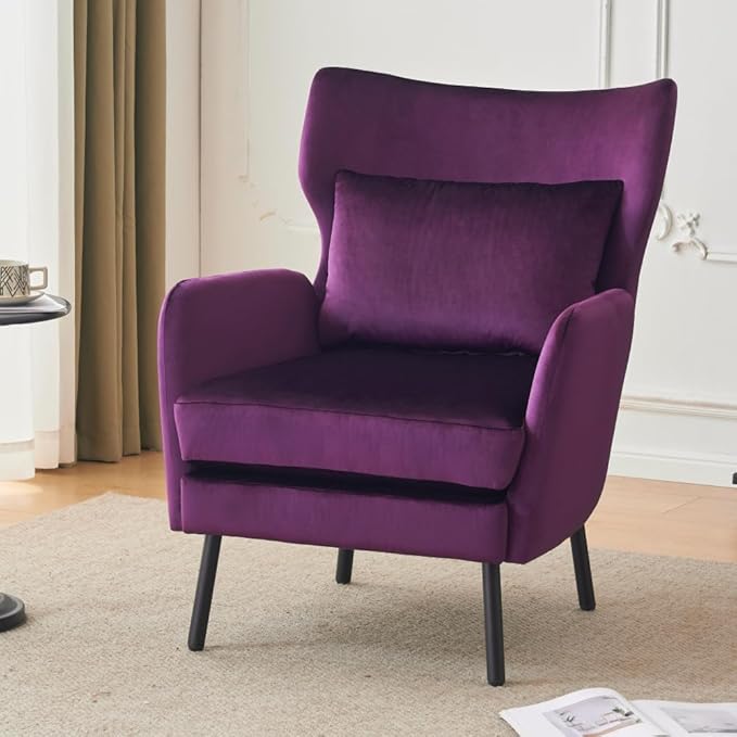 Chair reclinerWingback Velvet Accent Chair Modern Upholstered Armchair for Living Room Bedroom and Reception Area Comfortable Single Sofa Chair with Metal Legs and Pillow (Purple + Velvet)