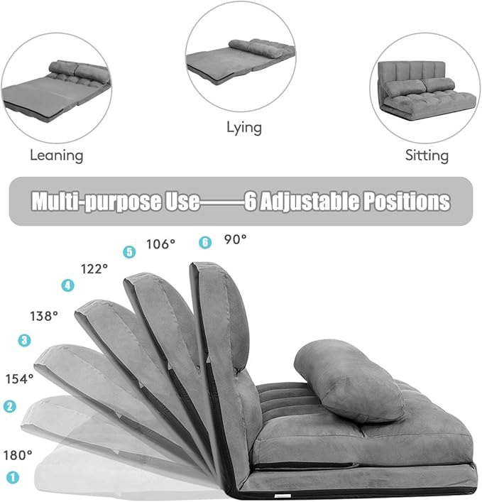 S AFSTAR Floor Folding Couch and Futon Sofa 6-Position Fabric Sleeper Bed with 2 Pillows and Sponge Filling Adjustable Lazy Sofa for Living Room and Bedroom(Gray)