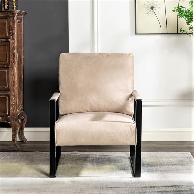 Container Furniture Classic Mid Century Modern Accent Chair with Durable Square Metal Frame Armchair for Living Room Bedroom Home Office in Spotted Microfiber Upholstery Light Camel