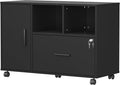 Panana Wood File Cabinet with Lock 1-Drawer Wooden Office Lateral Filing Cabinet on Wheels Mobile Printer Stand with Open Storage Shelf for Letter/Legal/A4 Size Files (Black1)