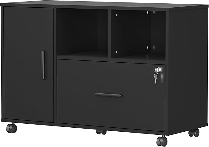Panana Wood File Cabinet with Lock 1-Drawer Wooden Office Lateral Filing Cabinet on Wheels Mobile Printer Stand with Open Storage Shelf for Letter/Legal/A4 Size Files (Black1)