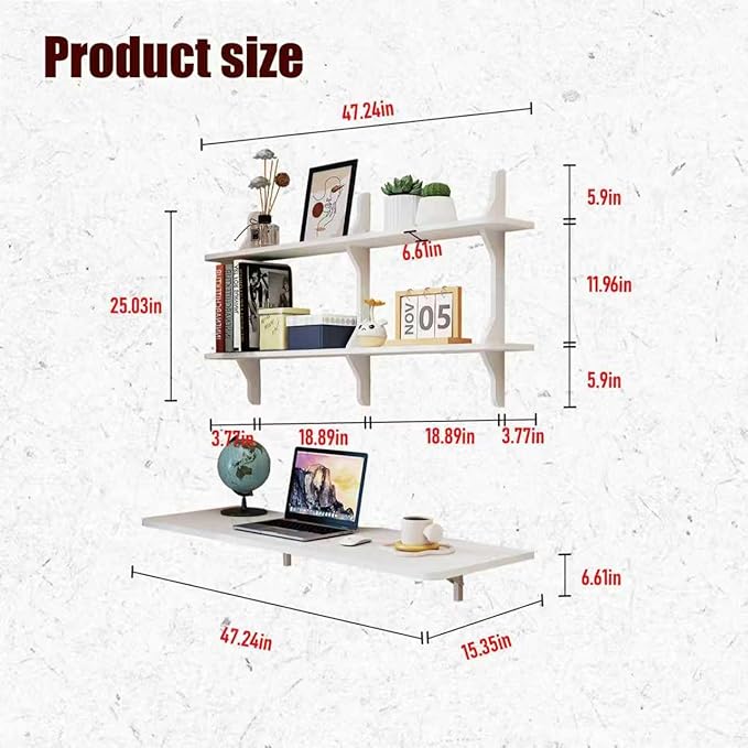 Pmnianhua Wall Mounted Folding Table 47'' Floating Laptop Desk with Shelves Foldable Drop Leaf Table Wall Mount Fold Down Table for Laundry Room Kitchen Bar Home Office Small Space(White)