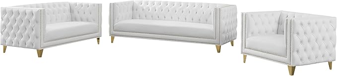 Meridian Furniture 651White-L Michelle Collection Modern | Contemporary Loveseat with Deep Button Tufting Gold Nailhead Trim and Sturdy Gold Iron Legs White Vegan Leather 66 W x 34 D x 30 H