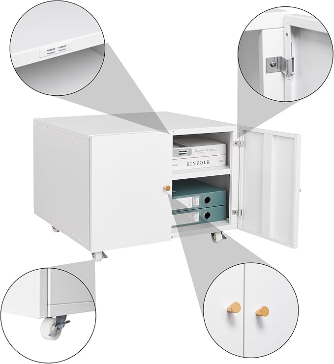 2 Door Mobile File Cabinet Metal Lateral Filing Cabinet with Shelf and Wheels for Home Office Mobile Printer Tables Metal Printer Stand with Storage White