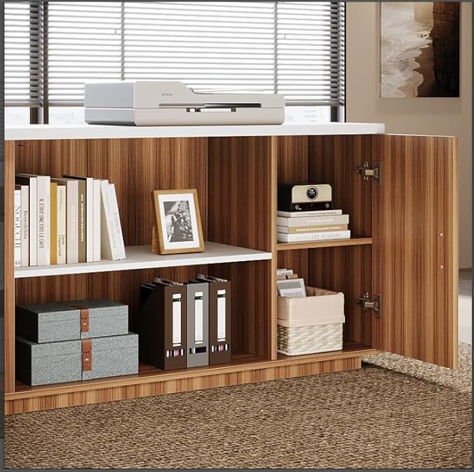Tribesigns 85.8-Inch L-Shaped Executive Office Desk with File Drawers &amp Storage Cabinet Professional Corner Computer Desk Extra Large Business Workstation with Adjustable Shelves (White&ampWalnu