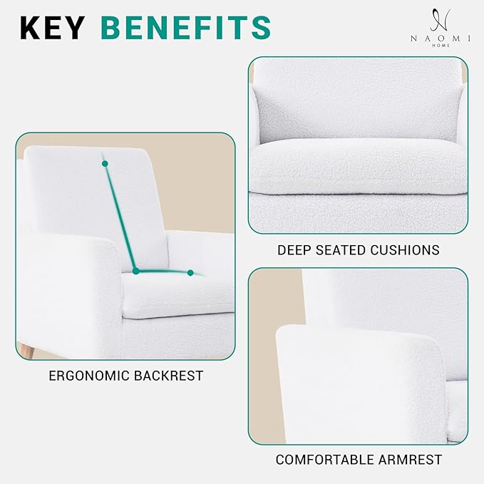 Naomi Home Frida Mid - Century Accent Chairs Set of 2 Durable Wood Frame Living Room Chairs Set of 2 Reading Chair with armrest Soft Teddy Fleece Side Chair Oak Legs arm Chairs - White