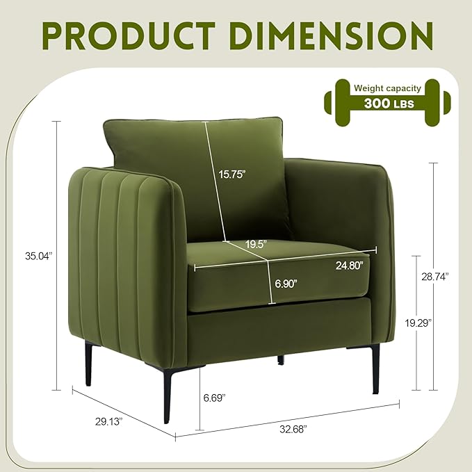 Mid Century Modern Accent Chair Comfy Upholstered Single Sofa Chair with Thick Cushion Velvet Armchair with Black Metal Legs Side Chair for Living Room Bedroom Apartment (Green)