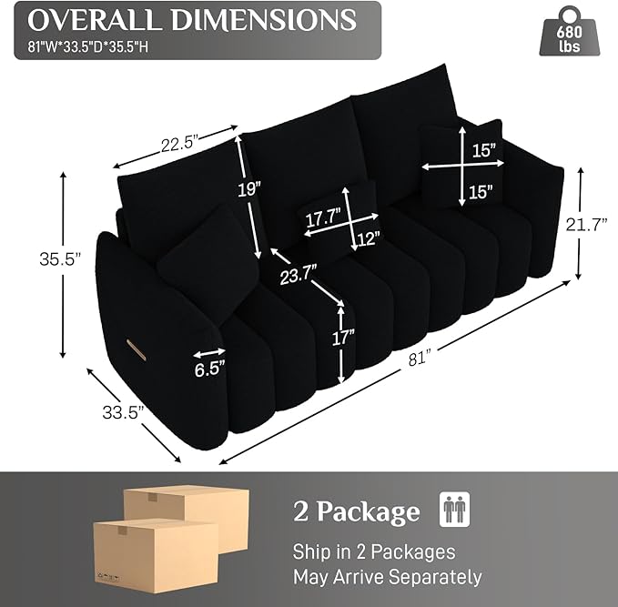 OUYESSIR Teddy Cloud Sofa Couch 81 Comfy Upholstered Sherpa Deep Seat Boucle Sofa Modern Cozy 3 Seater Couch with 3 Pillows Oversized Loveseat for Living Room Office Apartment Black