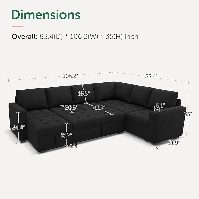 HONBAY Modular Sectional Couch with Pull Out Bed Sleeper Sofa with Storage U Shaped Modular Sectional Couches for Living RoomVelvet Black