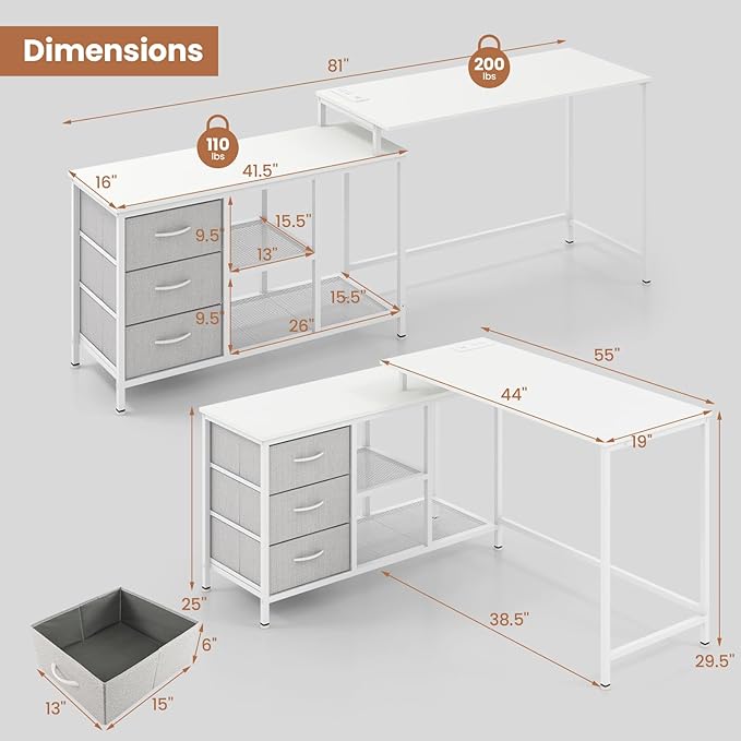 Tangkula 81 Inch L-Shaped Desk with Power Outlet Convertible Corner Desk with Drawers &amp Shelves Office Desk for Working Studying Gaming (White)