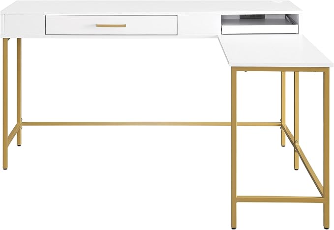 OSP Home Furnishings Modern Life Contemporary L-Shaped Desk with Large Drawer and Built-in Power Charging Port White