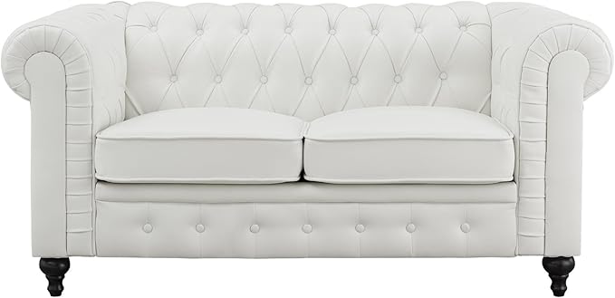 Naomi Home Emery Chesterfield Leather Loveseat Mini Sofa Sleeper Loveseat Small Sofa Bed with Rolled Arms Tufted Cushions 2 Seater Sectional Small Loveseat for Spaces Living Room White