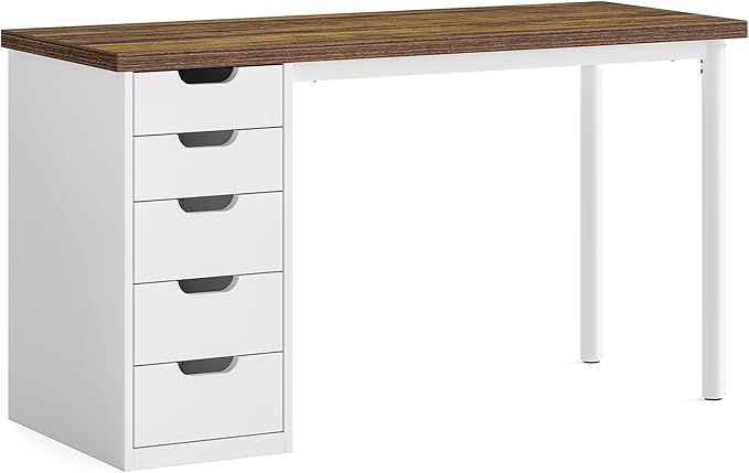 LITTLE TREE Computer Desk with 5 Drawers 47 Inch Modern Simple Study Writing Desk with Metal Frame Work Desk for Home Office Rustic Brown and White