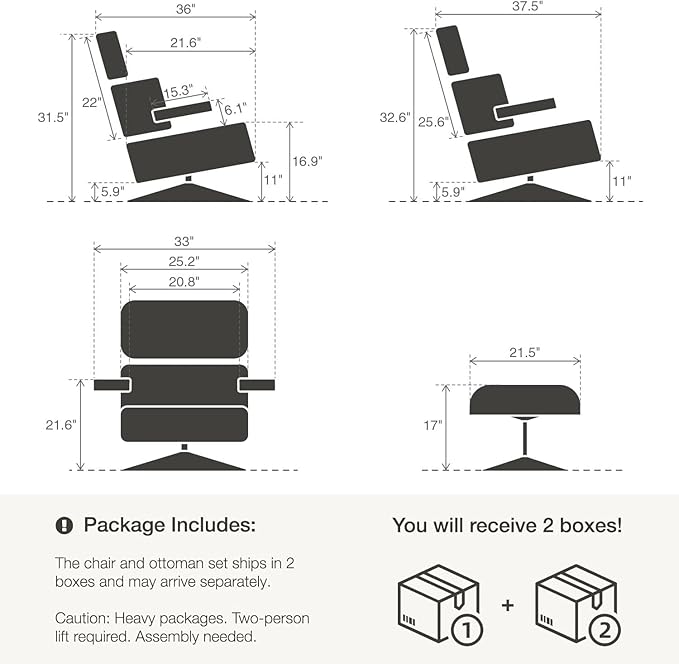 Mid Century Chaise Lounge Chair and Ottoman Reading Chair Leather Accent Chair Modern Chair Classic Design Heavy Duty Base Support for Living Room (Walnut-Brown Upgraded)