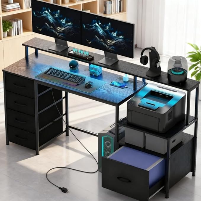 66.9'' Gaming Desk with 4 Fabric Drawers &amp File Cabinet Modern Computer Desk with Power Outlets and LED Lights Home Office Desk PC Desks for Home Office Study (Black)