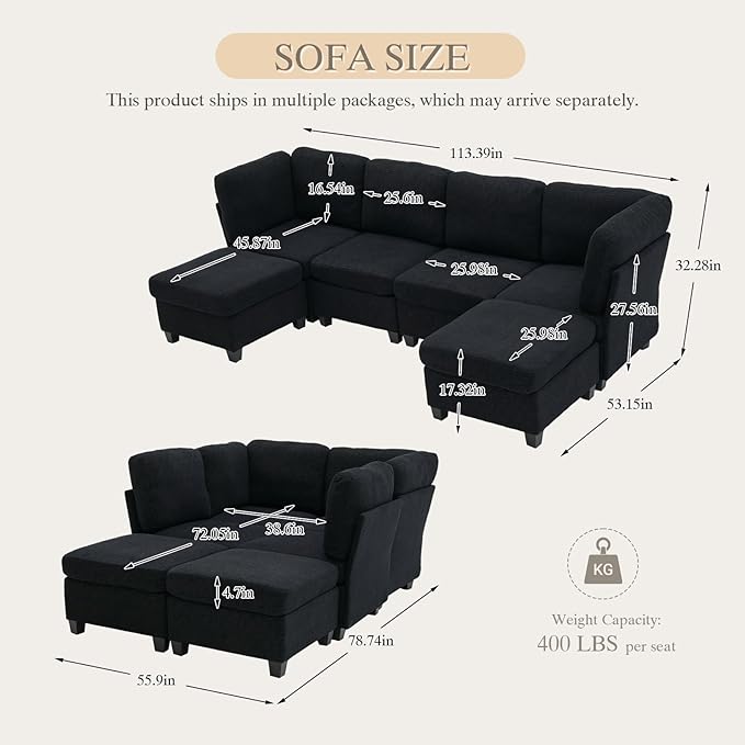 113.39 Modular Sectional Sofa 6 Seaters Sectional Sleeper Sofa U Shaped Couch Comfy Convertible Couches with Ottomans Oversized Modular Sofa with Large Storage for Living Room (Black)
