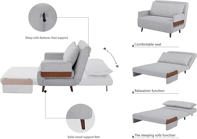 3-in-1 Convertible Sofa Bed Futon Loveseat Couch with Pillow Adjustable Backrest and Removable Armrests Recliner Sleeper Sofa for Small Spaces Living Room Bedroom or Office Light Grey