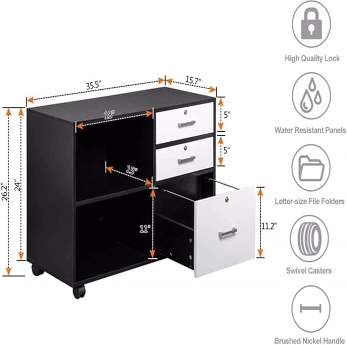 GLigeT Filing Cabinet Wood Filing Cabinet with 3 Drawer and 2 Open Shelves Office Storage Cabinet with Wheel Printer Stand File Storage Cabinets