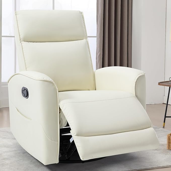 CANMOV Rocker Recliner Chair360°Swivel Nursery Glider ReclinerManual Recliner Sofa with Padded Armrest and BackrestLeather Recliner for Small SpacesLiving RoomBedroom (White)