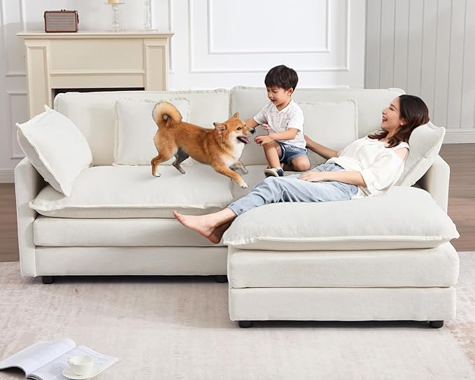 GNIXUU 76.7 White L Shaped Comfy Chenille Modular Cloud Sofa Modern 2 Seater Couch with Movable Ottoman Deep Seat Sofa with 4 Pillows for Living Room Apartment Small Places