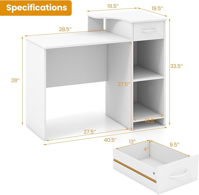 Giantex Computer Desk with Storage Modern PC Laptop Table with 5-Position Adjustable Shelf Drawer &amp Cable Hole Compact Study Writing Desk Workstation for Small Spaces Home Office White