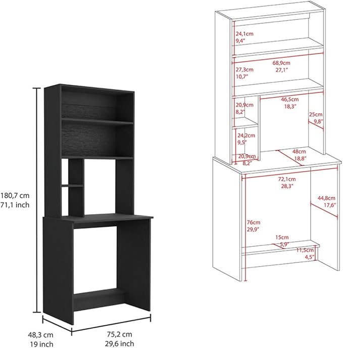 Computer Desk with Hutch 5 Storage Shelves and Lower Shelf Wide Compact Writing Desk for Home Office and Remote Learning Space-Saving Black Study Table for Bedroom
