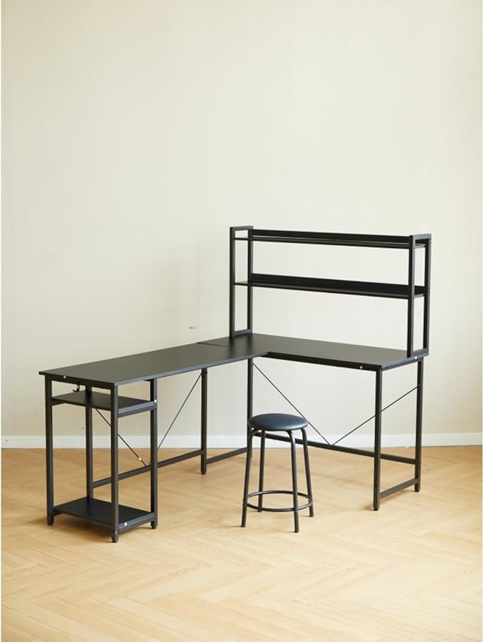 94.5 Inch Home Office Desk L Shape Gaming Desk with Storage Shelves and Padded Stool for Small Space Industrial PC Laptop Desk Corner Work Table with Large Countertop for School and Bedroom Black