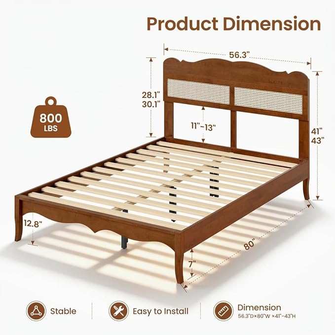 PHI VILLA Full Rattan Bed Frame with Headboard Mid Century Modern Wooden Bed Frames No Box Spring Needed Brown