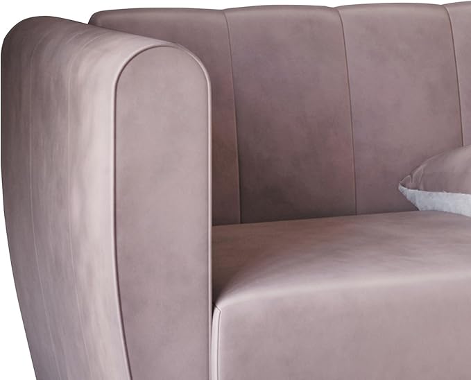 HOME DESIGN Scarlett Glam Velvet Flared Arm 3-Seater Sofa with Channel Tufting 4 Throw Pillows Gold Metal Legs Pink