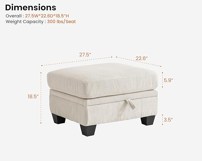 CHIC HOUSE Middle Module for Modular Couch Corduroy Customizable Chaise Storage Ottoman for Sectional Sofa Armrest Single/Double Seater