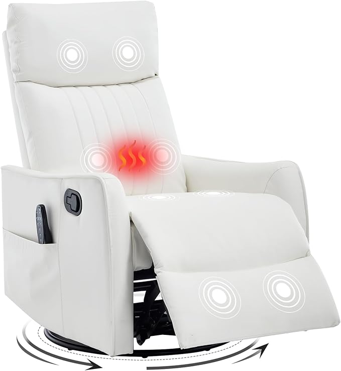 Swivel Rocker Recliner Chair 360° Swivel Recliner with Heat and Massage Rocker Recliner Upholstered Fabric Nursery Glider Recliner Chair with Side Pockets for Living Room PU White