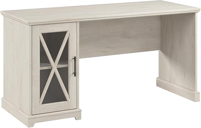 Bush Furniture Lennox 60W Farmhouse Desk with Storage Cabinet in Linen White Oak | Computer Table for Home Office Workspace