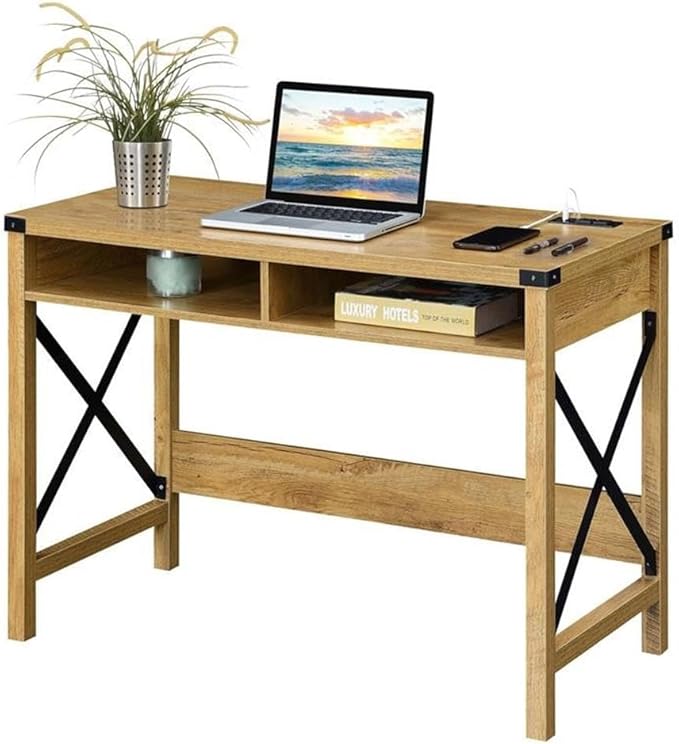 Pemberly Row 42-Inch Home Office Desk with Charging Station Light English Oak Wood Finish Black Metal Frame Built-in USB Ports and Outlets Durable Particleboard Construction Industrial Style