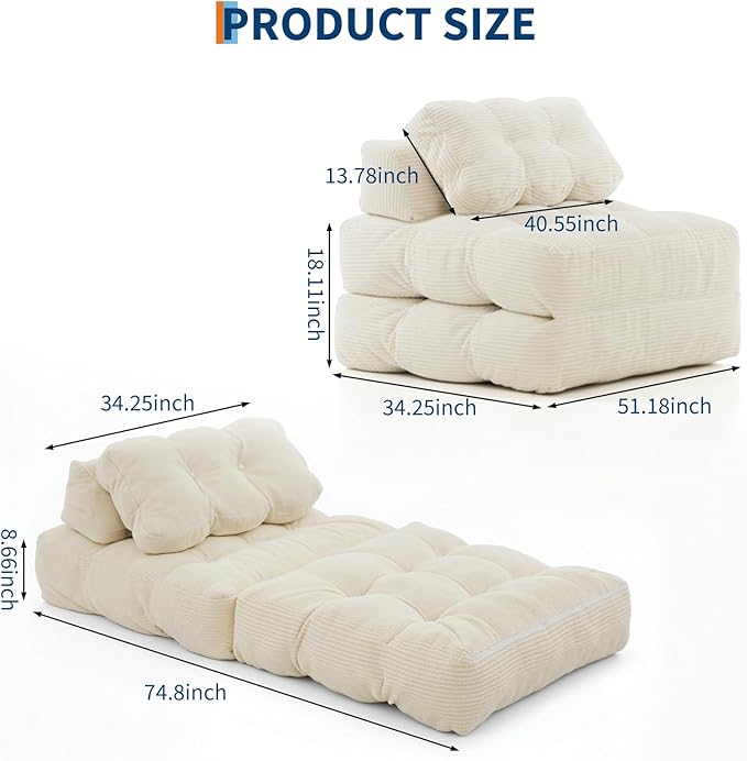 Folding Sofa Bed Convertible Sleeper Chair with Pillow Foldable Mattress&ampSide Pocket Portable Fold Out Chair Bed Comfy Floor Sofa Lounge for Living Room Bedroom